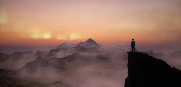 落基山景顶上的冒险家 自然背景 暮色的云天 星光闪烁 北极光闪烁 3D渲染 3D说明 — 图库照片