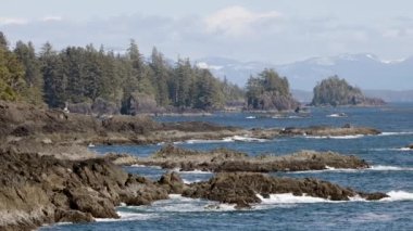 Pasifik Okyanusu 'nun batı kıyısındaki Rocky Shoreline. Ucluelet, Vancouver Adası, BC, Kanada. Kanada Doğa Arkaplanı. Yavaş Hareket