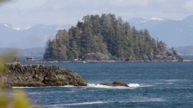 Pasifik Okyanusu 'nun batı kıyısındaki Rocky Shoreline. Ucluelet, Vancouver Adası, BC, Kanada. Kanada Doğa Arkaplanı. Yavaş Hareket