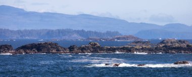 Pasifik Okyanusu 'nun batı kıyısındaki Rocky Shoreline. Ucluelet, Vancouver Adası, BC, Kanada. Kanada Doğa Arkaplanı Panoraması