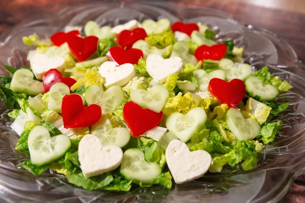 Fresh Salad Plate Red Green White Heart Shapes Valentines Day — Stock Fotó