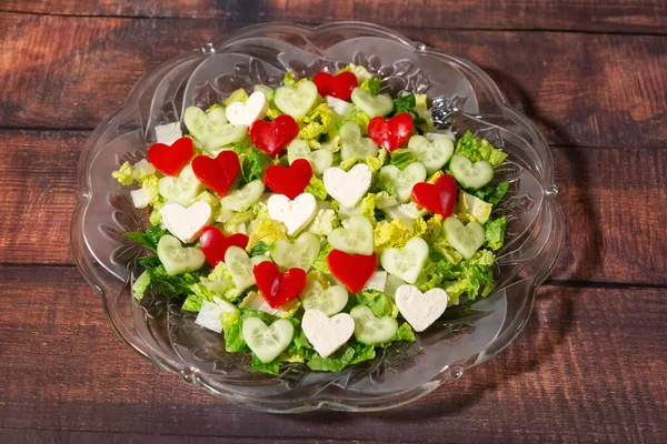 Fresh Salad Plate Red Green White Heart Shapes Valentines Day — Stock Fotó