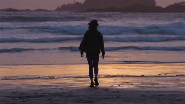 太平洋の西海岸のサンディビーチに立つ冒険的な女性 カナダのバンクーバー島 トフィーノのコックスベイ 冒険旅行 スローモーション — ストック動画