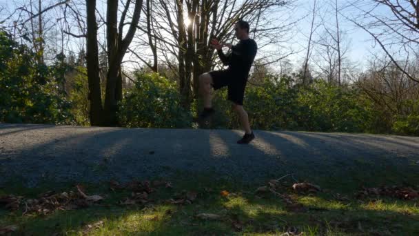 Adult Man Practicând Arte Marțiale Kickboxing Într Parc Conceptul Sănătate — Videoclip de stoc