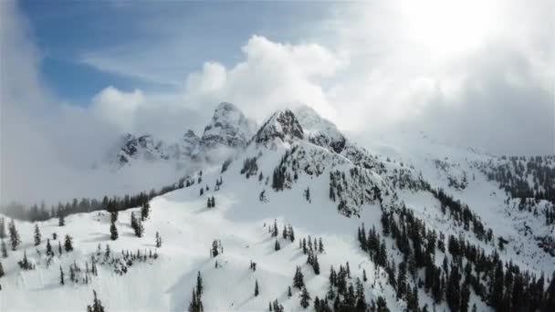 Voando Aéreo Sobre Paisagem Montanhosa Canadense Coberta Neve British Columbia — Vídeo de Stock