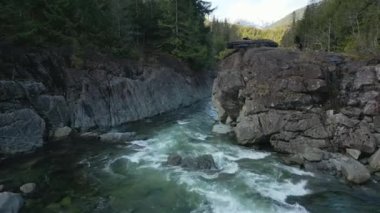 Nehirden akan taze su ve kayalar. Vancouver Adası, British Columbia, Kanada 'da çekilmiş. Doğa Arkaplanı. Sinematik
