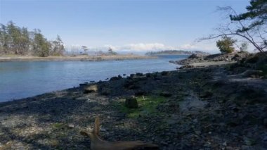 Nanoose Körfezi 'ndeki Pasifik Okyanusu' nun batı kıyısındaki Rocky Shore. Vancouver Adası, British Columbia, Kanada. Güneşli Gökyüzü. Kanada Doğa Panorama Arkaplanı