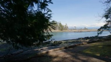 Nanoose Körfezi 'ndeki Pasifik Okyanusu' nun batı kıyısındaki Rocky Shore. Vancouver Adası, British Columbia, Kanada. Güneşli Gökyüzü. Kanada Doğa Panorama Arkaplanı