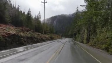 Kanada doğasında Port Alberni 'den Tofino' ya Manzaralı Yol. Pacific Rim Hwy, Vancouver Adası, British Columbia, Kanada. Bulutlu Yağmurlu Gün
