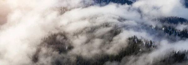 Árvores Verdes Topo Paisagem Montanhosa Canadense Coberta Nuvens Vista Aérea — Fotografia de Stock