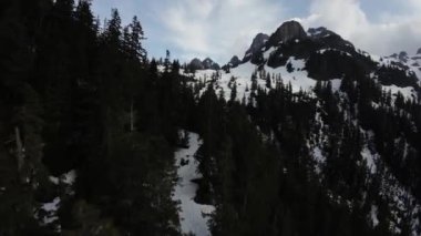 Bahar mevsiminde Kanada Dağ Manzarası. Hava görüntüsü. Doğada Uçan Dinamik. British Columbia, Kanada. Güneşli Gün.
