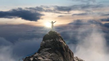 Maceracı Kadın Dağ Kayalıkları 'nın tepesinde duruyor. Extreme Adventure Composite. 3D Rending Peak. BC, Kanada 'dan Hava Arkaplanı.