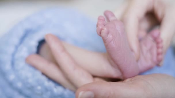 婴儿小脚近身 按摩一下宝宝在妈妈的腿上慢动作 — 图库视频影像