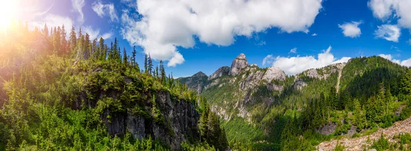 stock image Aerial Panoramic View of Rocky Mountain Landscape. Cloudy Sunny Day. Taken in British Columbia, Canada. Nature Background