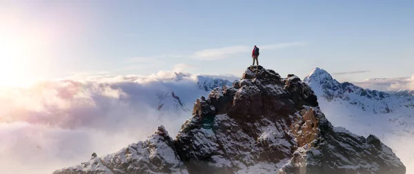 Adventurous Man Standing Top Mountain Cliff Dramatic Extreme Adventure Composite — Stock Photo, Image