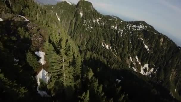 春季加拿大景观中的树木和山峰 空中景观 动态飞行 加拿大不列颠哥伦比亚省 — 图库视频影像