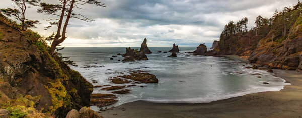Rocky shore on Pacific Ocean West Coast. Washington, USA. Nature Background.