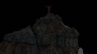 Kayalık bir dağın tepesindeki kadın yürüyüşçünün destansı macerası. 3D görüntüleme zirvesi. PNG kesiği. Özgürlük Konsepti.