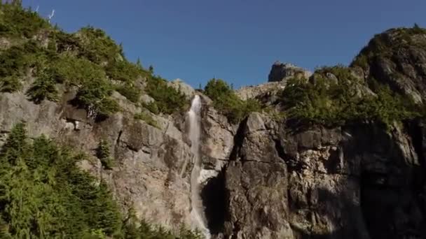 川と滝は岩や木々によって山を下って行きます 空中自然の背景 ブリティッシュコロンビア カナダ — ストック動画