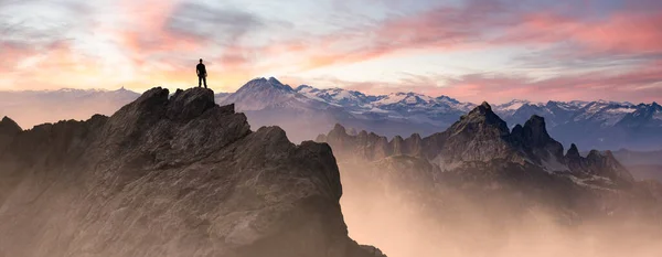 Epic Adventure Composite Man Hiker Top Rocky Mountain Dramatic Sunset — Stock Photo, Image