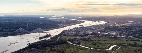 Aerial View Fraser River City Cloudy Sunset Sky Panorama Pitt — Stock Photo, Image