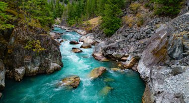 Kayalık Dağ Kanyonu 'nda bir nehir. British Columbia, Kanada. Hava Doğası Arkaplanı.