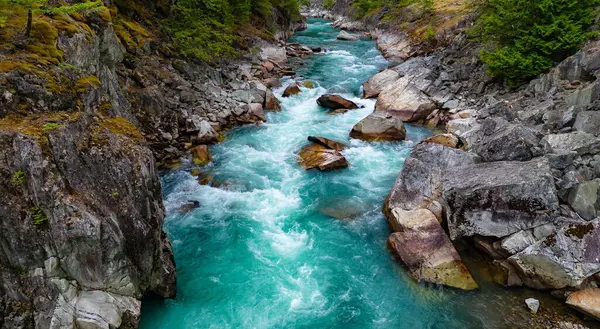 Kayalık Dağ Kanyonu 'nda bir nehir. British Columbia, Kanada. Hava Doğası Arkaplanı.