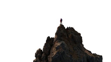 Maceracı Yürüyüşçü Dağ Tepesi 'nin tepesinde duruyor. Beyaz Arkaplan 'da kesme. 3d Hazırlama