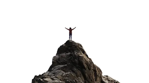 Περιπέτεια Γυναίκα Πεζοπόρος Στέκεται Στην Κορυφή Του Βουνού Κορυφή Κόψιμο — Φωτογραφία Αρχείου