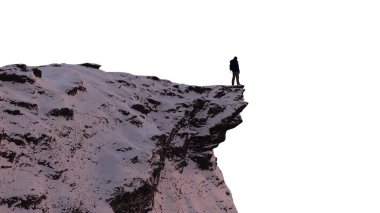 Maceracı Yürüyüşçü Dağ Tepesi 'nin tepesinde duruyor. Beyaz Arkaplan 'da kesme. 3d Hazırlama
