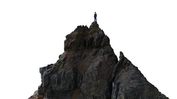 Adventure Man Hiker Pie Cima Del Pico Montaña Recorte Fondo —  Fotos de Stock
