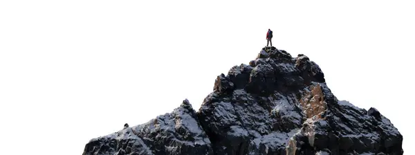 Adventure Man Hiker Standing Top Mountain Peak Cutout White Background — Stock Photo, Image