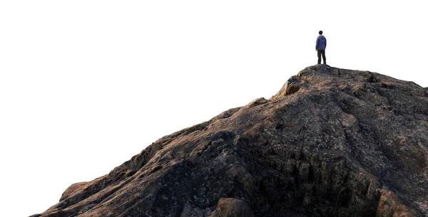Adventure Man Hiker Standing Top Mountain Peak Cutout White Background — Stock Photo, Image