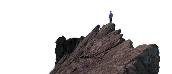 Περιπέτεια Άνθρωπος Πεζοπόρος Στέκεται Στην Κορυφή Του Βουνού Κορυφή Κόψιμο — Φωτογραφία Αρχείου