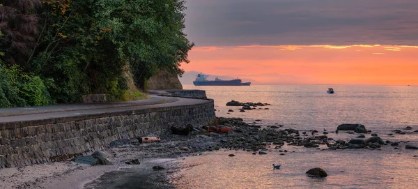 Seawall Stanley Park Dramatic Sunset West Coast Pacific Ocean Downtown — Stock Photo, Image