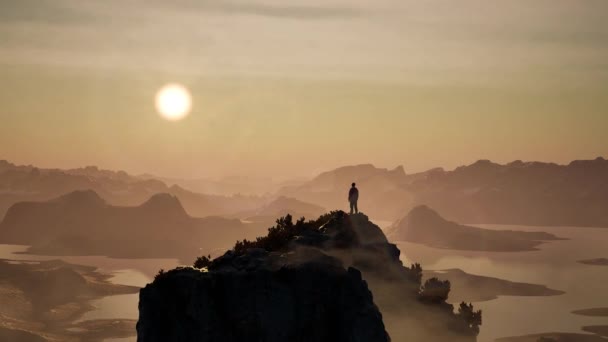 Homme Debout Sur Sommet Avec Scène Magique Montagne Dans Nature — Video