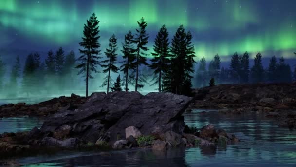 夜の自然の魔法のマウンテンシーンと空のオーロラ 3Dレンダリングの風景 エアリアル — ストック動画
