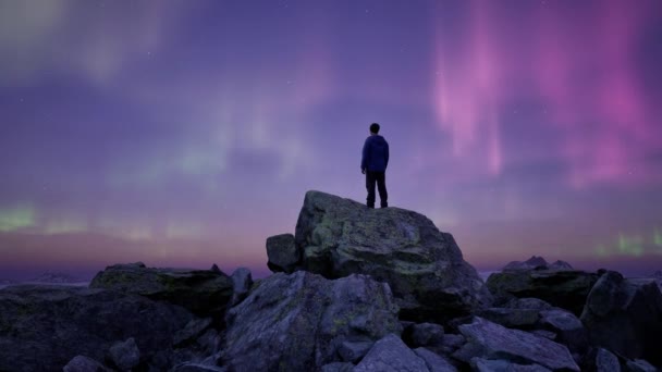 人站在山顶上 与大自然的神奇山景在夜晚 与奥罗拉在天空中 3D渲染景观 空中业务 — 图库视频影像