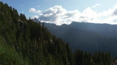 Kanada Dağ manzarası ve canlı yeşil ağaçlar. Sonbahar sezonu. Hava Doğası Arkaplanı. British Columbia, Kanada.