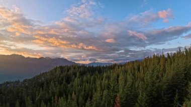 Kanada Dağ manzarası ve canlı yeşil ağaçlar. Sonbahar sezonu. Doğa Arkaplanı. British Columbia, Kanada. Havadan. Gün batımı