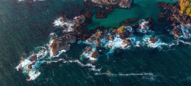 Pasifik Okyanusu kıyısındaki Rocky Shore, Tofino, Vancouver Adası, BC, Kanada. Gün batımı. Hava Doğası Arkaplan Panoraması