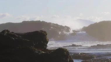 Pasifik Okyanusu kıyısında Rocky Shore 'a çarpan dalgalar. Güneşli Günbatımı. Botanik Plajı, Renfrew Limanı, Vancouver Adası, BC, Kanada. 