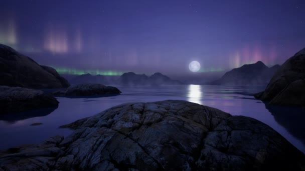 Rocky Shore Ocean Coast Magisk Bjergscene Naturen Natten Med Aurora – Stock-video