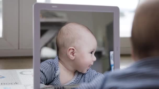 Happy Baby Boy His Tummy Looking Mirror Smiling — Stock Video