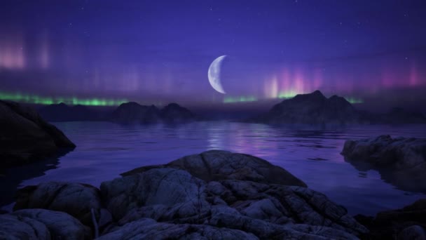 海洋海岸的岩石海岸 大自然中的神奇山景在夜晚 奥罗拉在天空中 3D渲染景观 月光下 — 图库视频影像