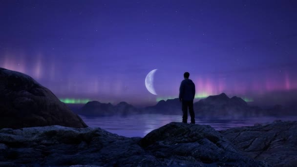 Hombre Rocky Shore Ocean Coast Escena Mágica Montaña Naturaleza Noche — Vídeo de stock
