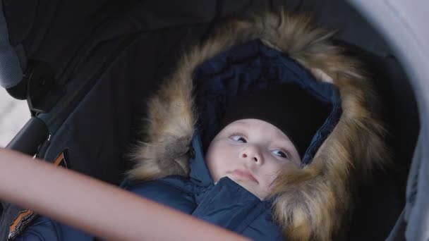 Leuk Klein Jongetje Wandelwagen Warm Jasje Burnaby Vancouver Canada Langzame — Stockvideo