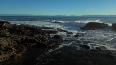 Pasifik Okyanusu kıyısındaki Rocky Shore. Güneşli Günbatımı. Vancouver Adası, BC, Kanada. Doğa Arkaplanı. 4k Sinematik