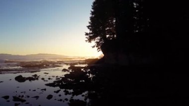 Pasifik Okyanusu kıyısındaki Rocky Shore. Güneşli Günbatımı. Vancouver Adası, BC, Kanada. Doğa Arkaplanı