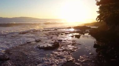 Pasifik Okyanusu kıyısındaki Rocky Shore. Güneşli Günbatımı. Vancouver Adası, BC, Kanada. Doğa Arkaplanı